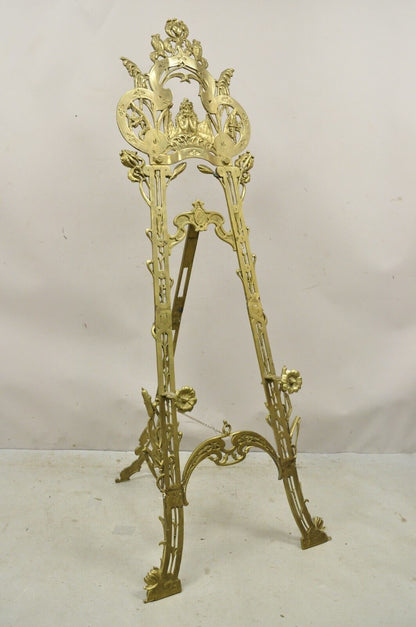 Large Vintage Nouveau Aesthetic Style Figural Brass Tall Art Easel Display Stand