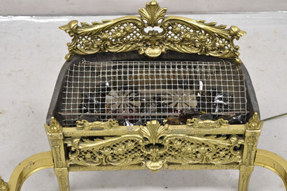 Antique French Victorian Ornate Brass Electric Light Glass Coal Fireplace Insert