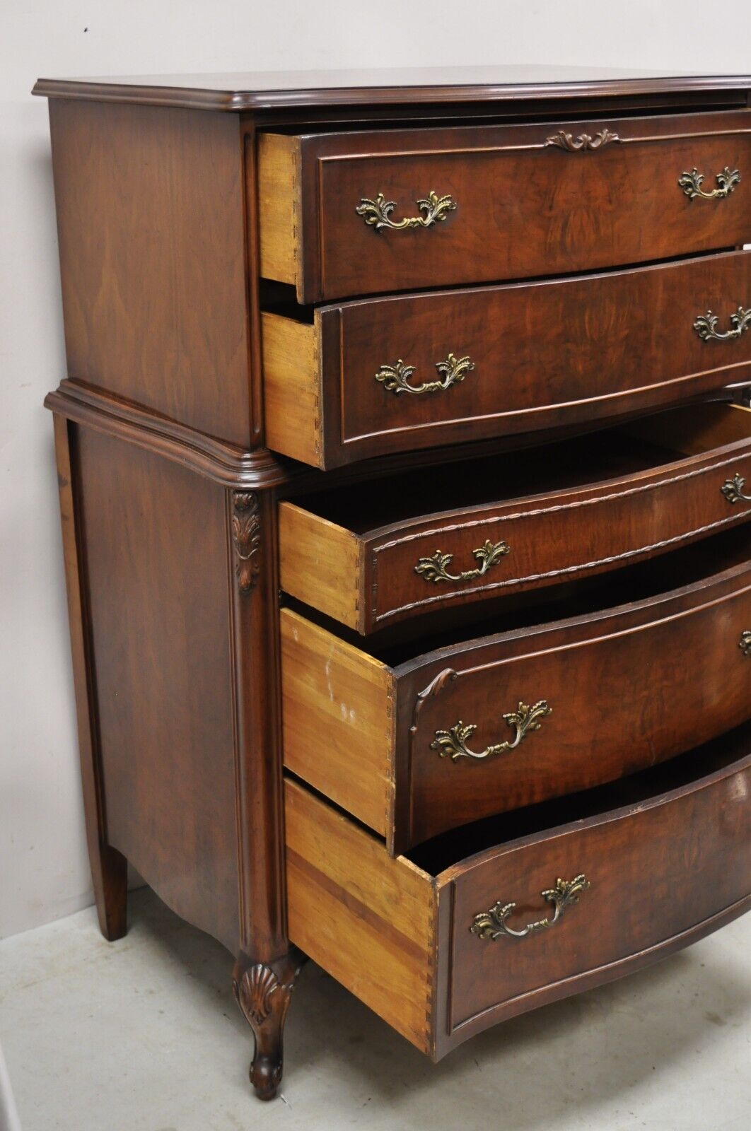 Vintage French Provincial Style Walnut Tall Chest Dresser Highboy Chest on Chest