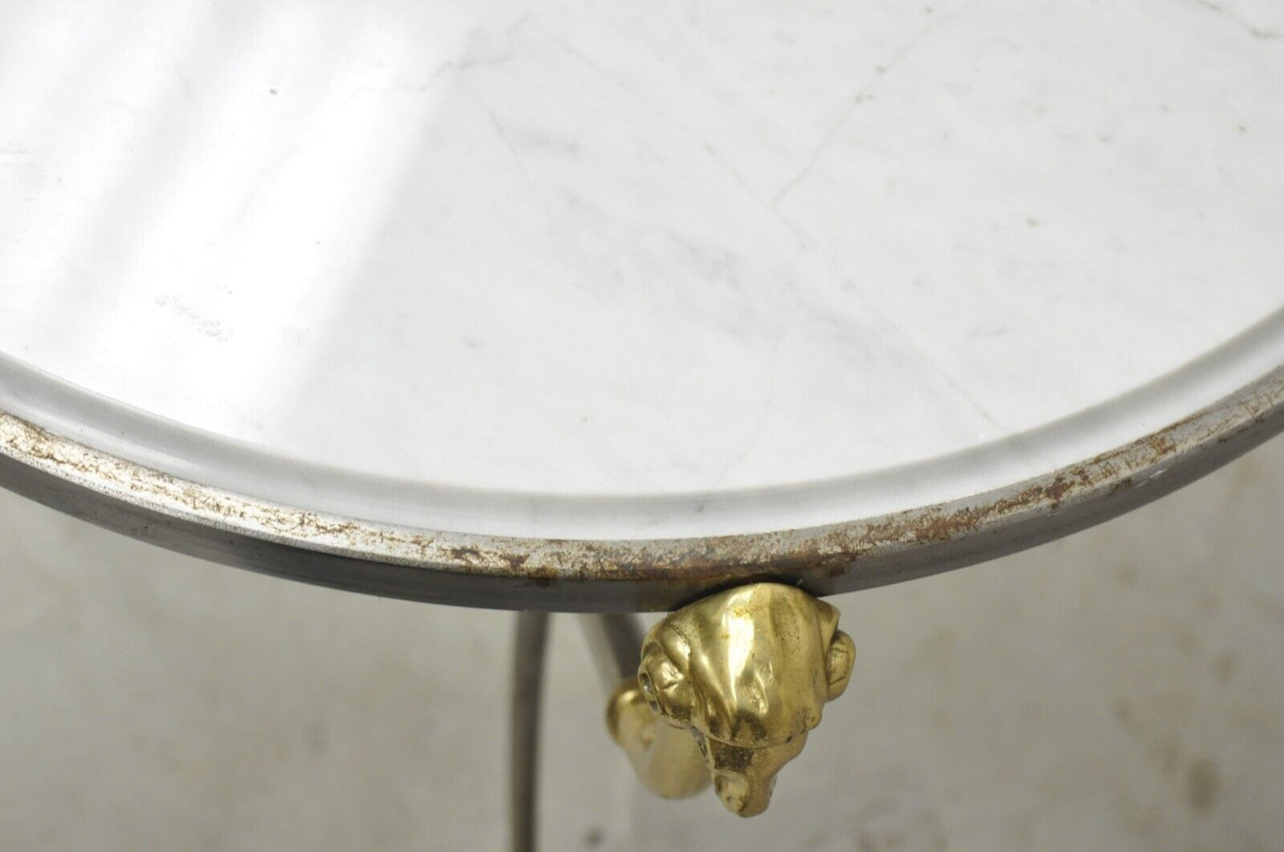 Italian Neoclassical Style Brass Rams Head Steel Metal Round Marble Side Table