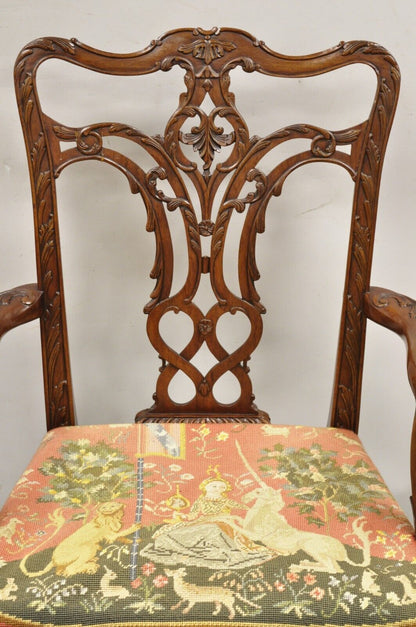 Maitland Smith Georgian Style Carved Mahogany Needlepoint Seat Arm Chairs a Pair