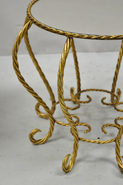 Vintage Italian Hollywood Regency Gold Gilt Glass Top Low Side Tables - a Pair