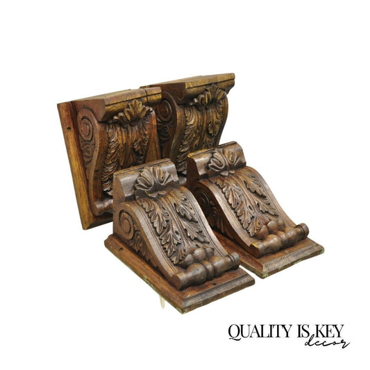 Oak Wood Victorian Style Leafy Scroll Corbels Bracket Wall Shelf - Set of 4