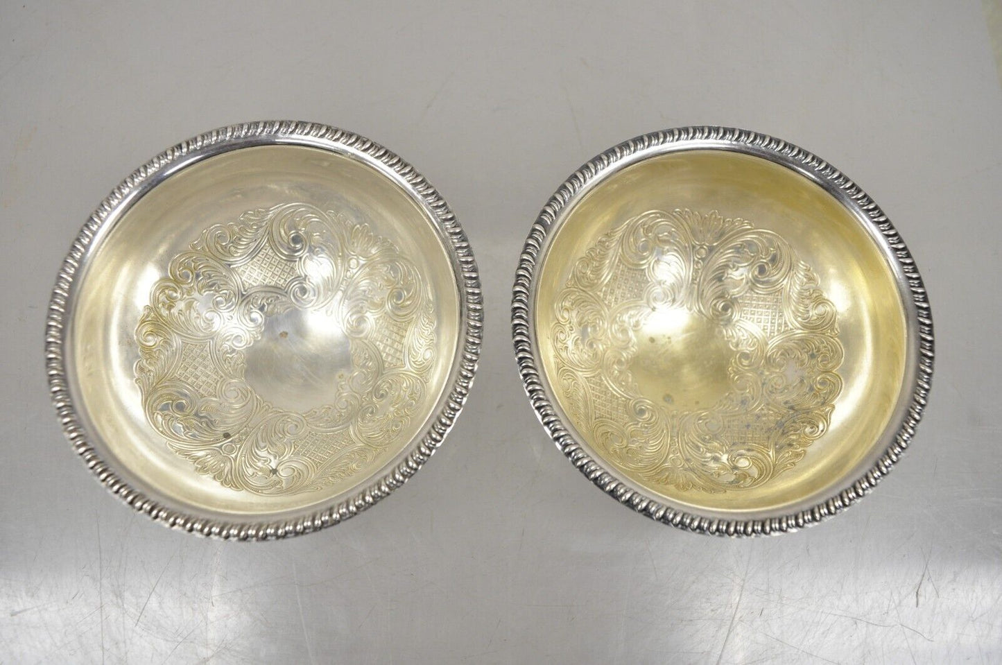 Vtg Angora English Victorian Silver Plated Style Small Round Footed Bowl a Pair