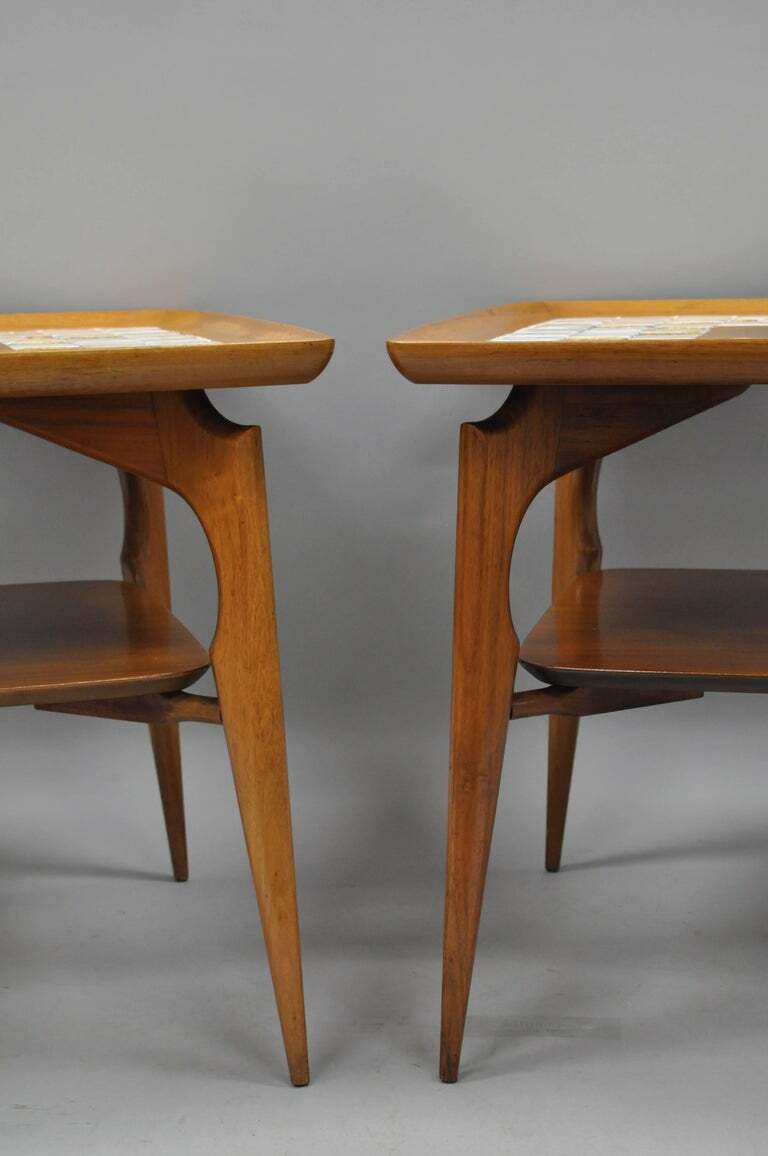 Pair of Mid Century Danish Modern Walnut & Tile Dish Top Sculptural End Tables