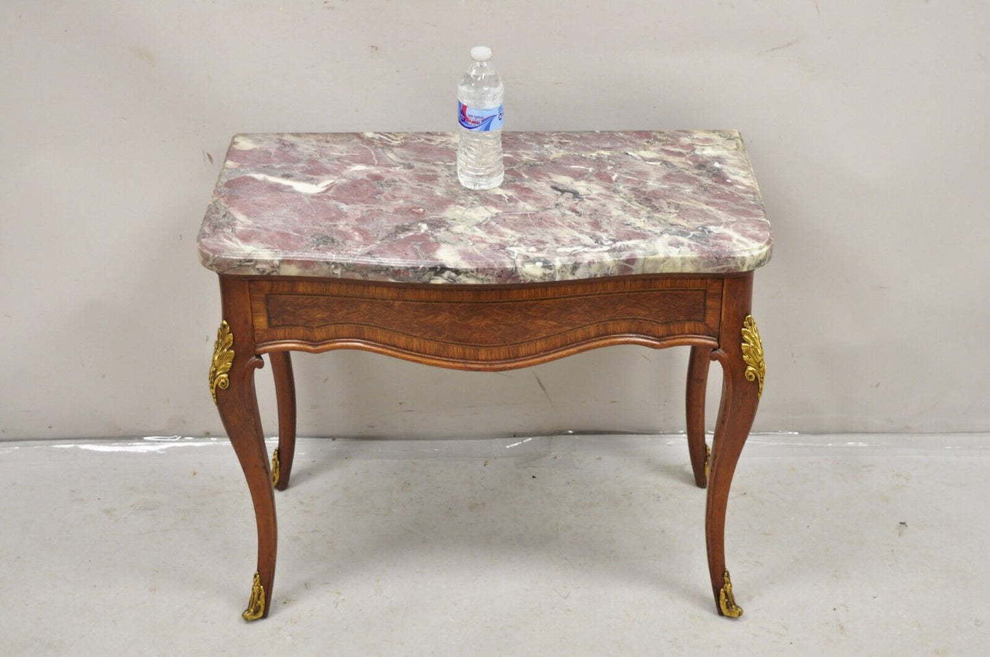 French Louis XV Style Rouge Marble Top Low Console Side Table with Drawer