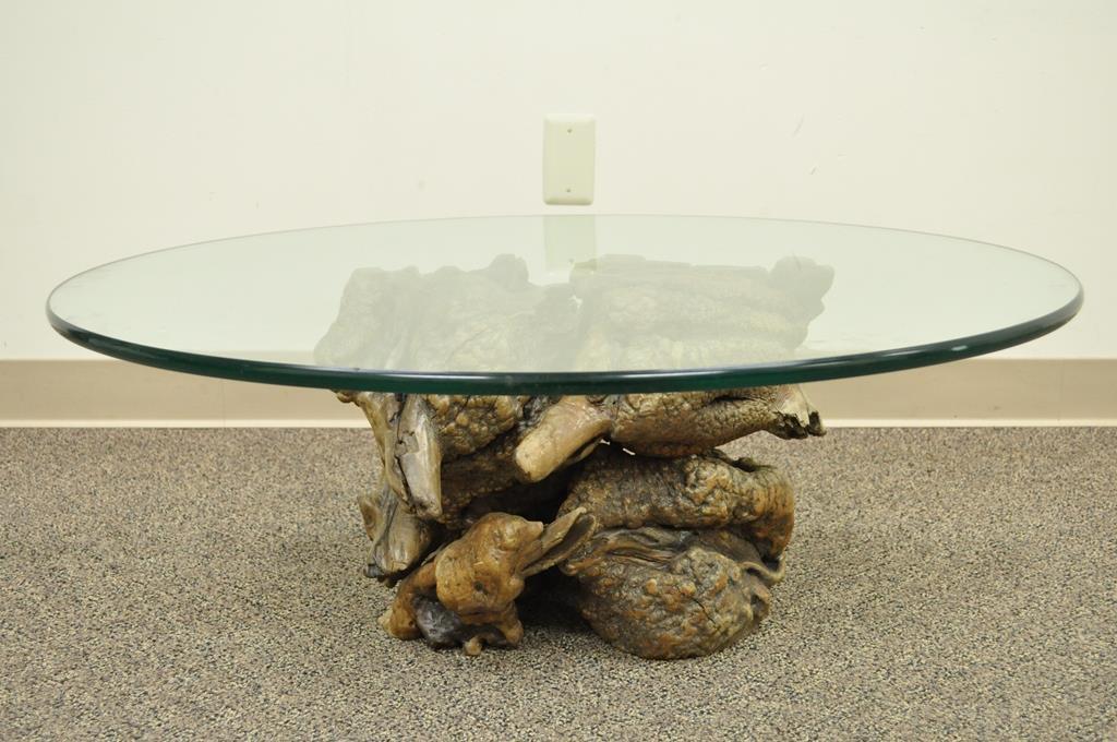 Vintage Mid Century Modern Live Edge Drift Wood Glass Top Burl Wood Coffee Table