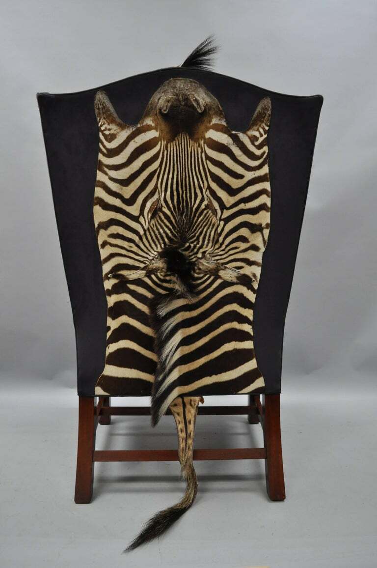 Zebra Hide Blue Suede Mahogany English Georgian Style Wingback Library Chair