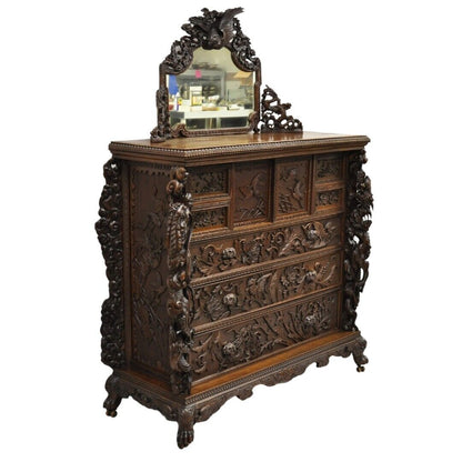 Japanese Art Nouveau Dragon Carved Dresser Cabinet, Chest of Drawers w/ Mirror