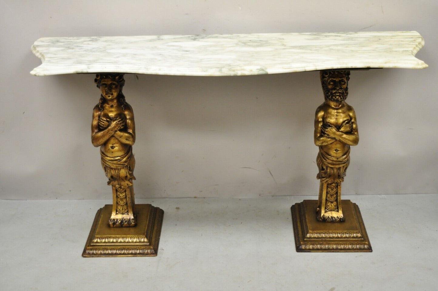 French Renaissance Victorian Style Gold Figural Console Table with Marble Top