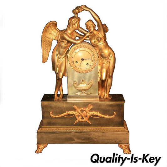 19th Century French Empire Gilt Dore Bronze Figural Amour & Psyche Mantel Clock