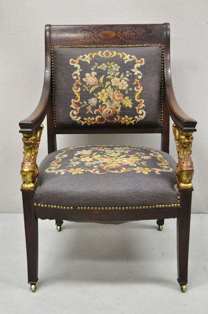 Antique French Empire Giltwood Winged Griffin Needlepoint Inlay Parlor Arm Chair