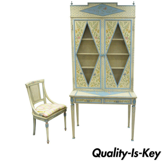 Vintage Custom Painted Italian French Regency Style Tall Secretary Desk & Chair