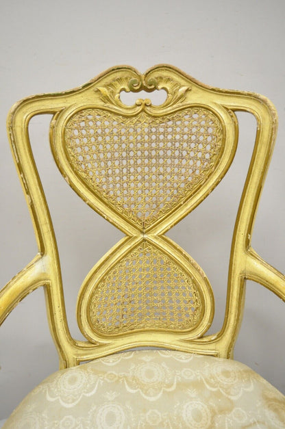 Vintage Italian Provincial French Louis XV Yellow Cane Back Dining Arm Chairs