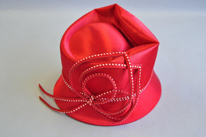 Red Satin Beaded Ribbon Church Derby Top Hat Attributed to Shellie McDowell