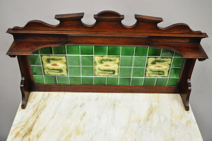 English Victorian Green Ceramic Tile Backsplash Marble Top Washstand Commode