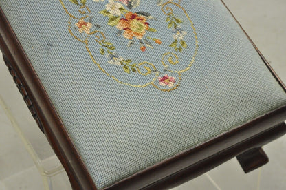 Antique Victorian Mahogany Blue Floral Needlepoint Footstool Ottoman