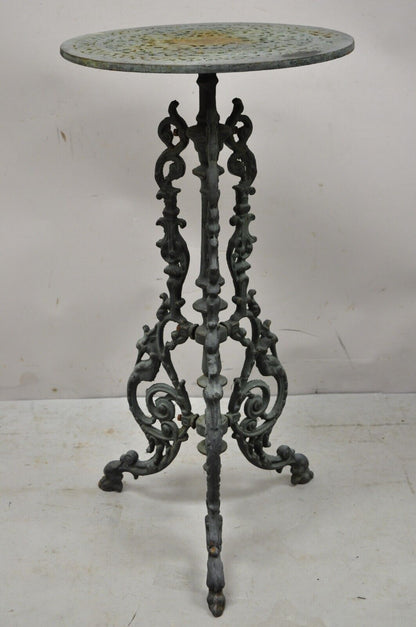 Antique Victorian Cast Iron Green Ornate Plant Stand Tripod Pedestal Table
