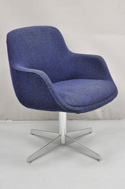 Vintage Mid Century Modern Blue Upholstered Chrome Swivel Base Club Arm Chair