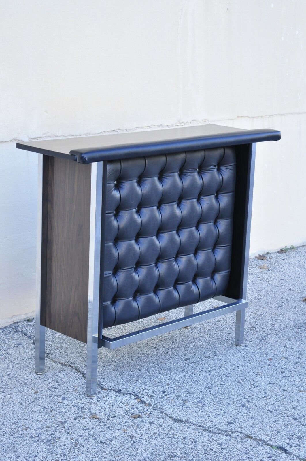 Mid Century Black Naugahyde Button Tufted Upholstered Liquor Bar Cabinet Table