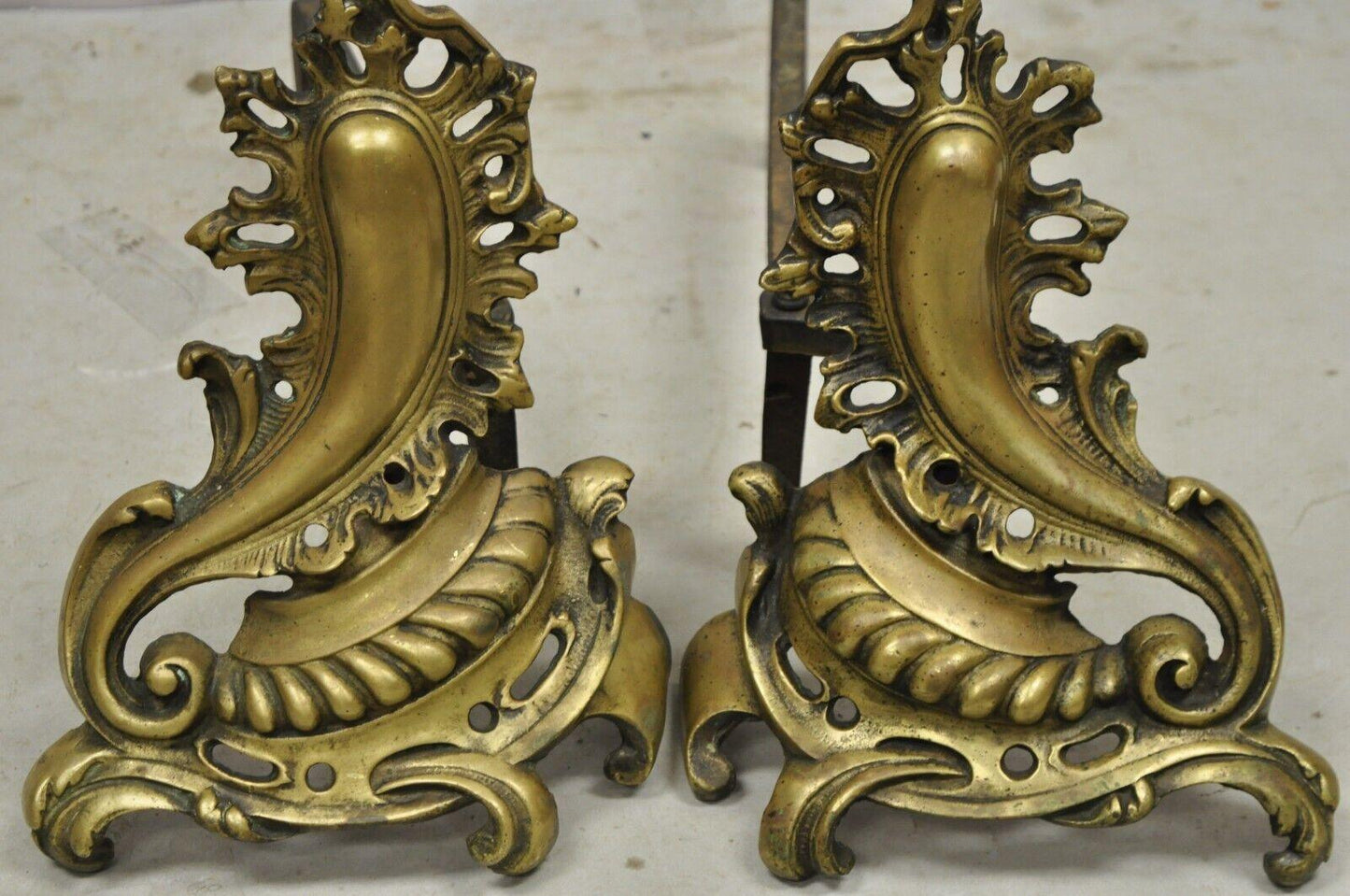 Antique French Rococo Baroque Style Brass Leafy Acanthus Andirons - a Pair