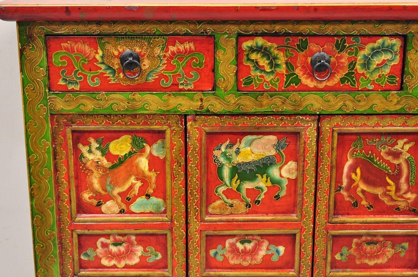 Tibetan Red and Green Hand Painted Wooden Buffet Cabinet Chest w/ Horse & Dragon