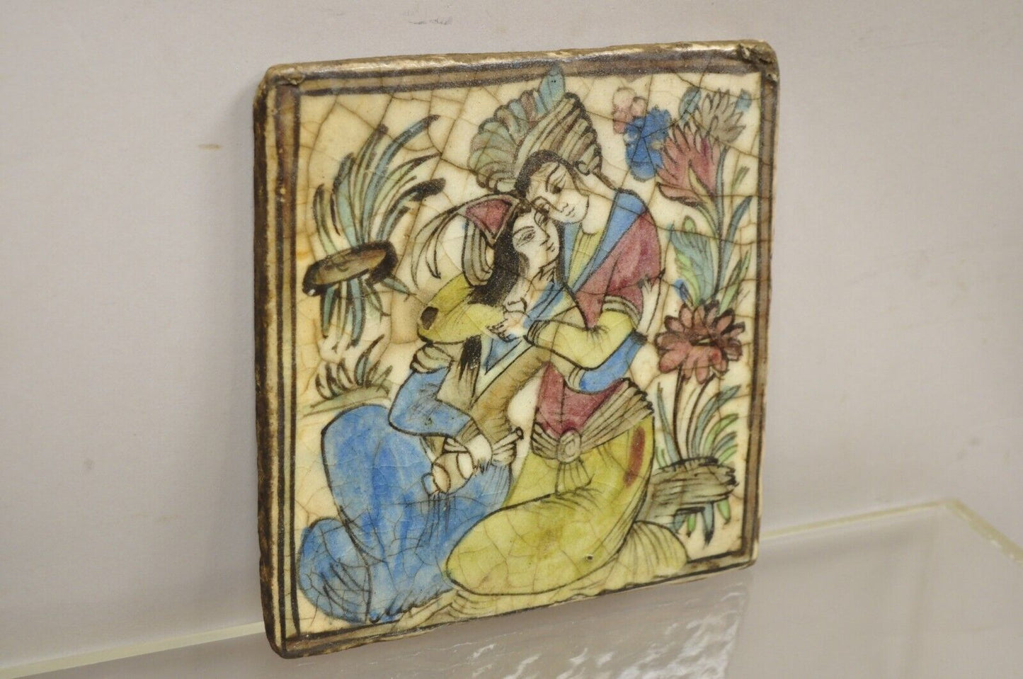 Antique Persian Iznik Qajar Style Square Beige Ceramic Pottery Tile Couple C5