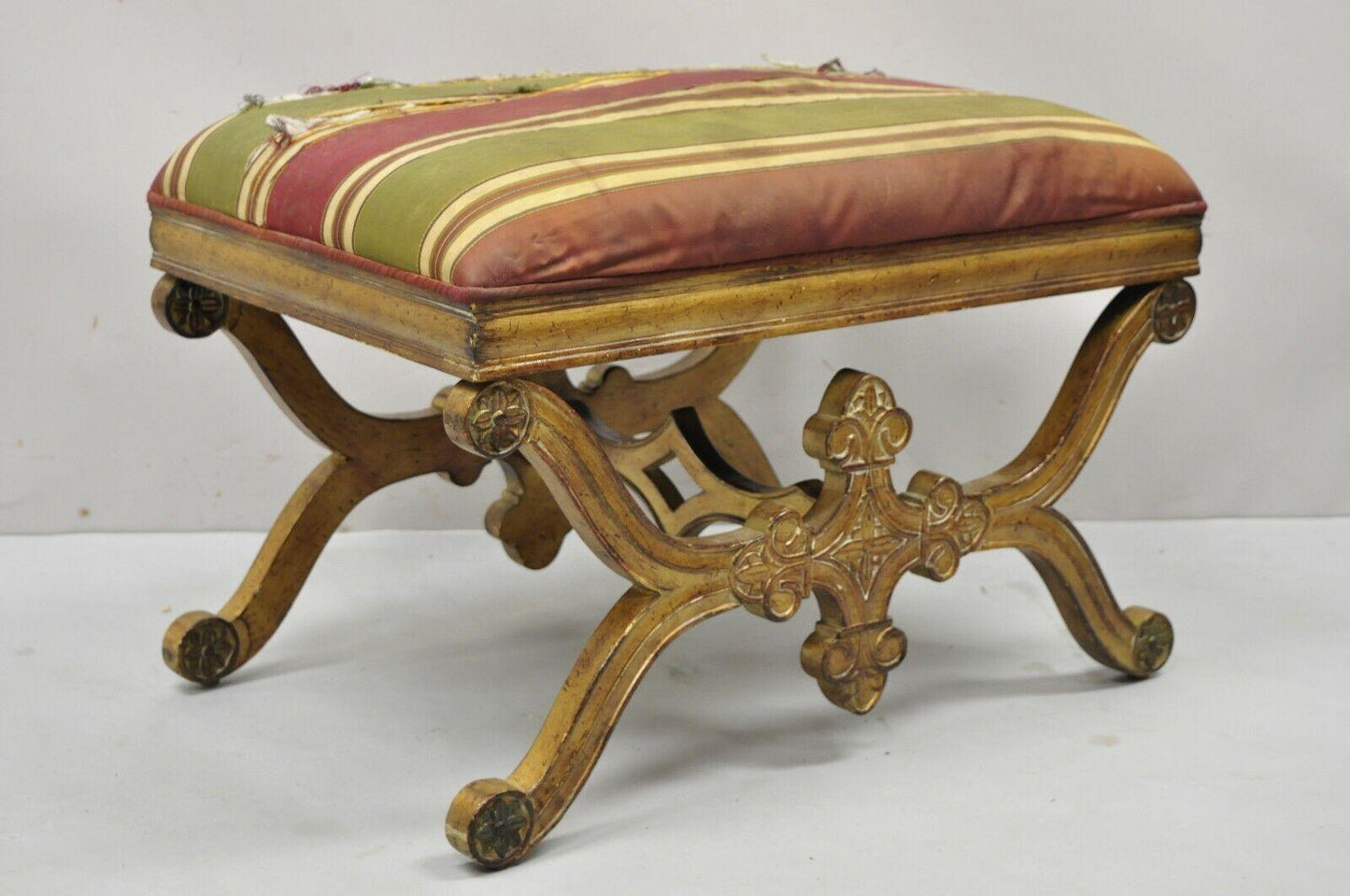 Vintage Spanish Regency Carved Wood X-Frame Gold Upholstered Stool Bench