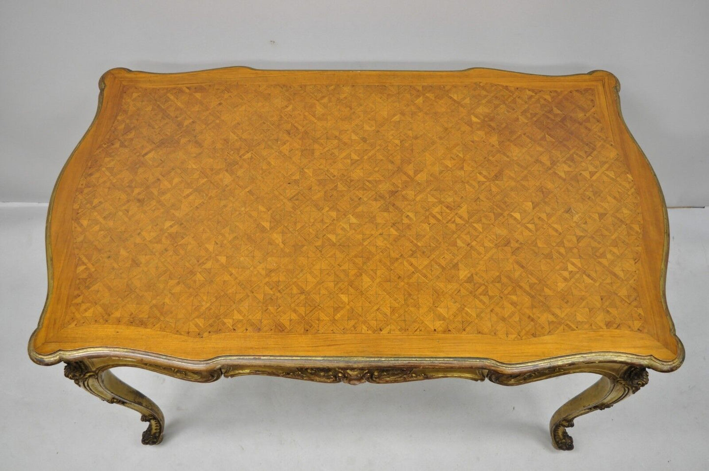 19th C French Louis XV Style Gold Gilt Small Writing Desk w Marquetry Inlaid Top