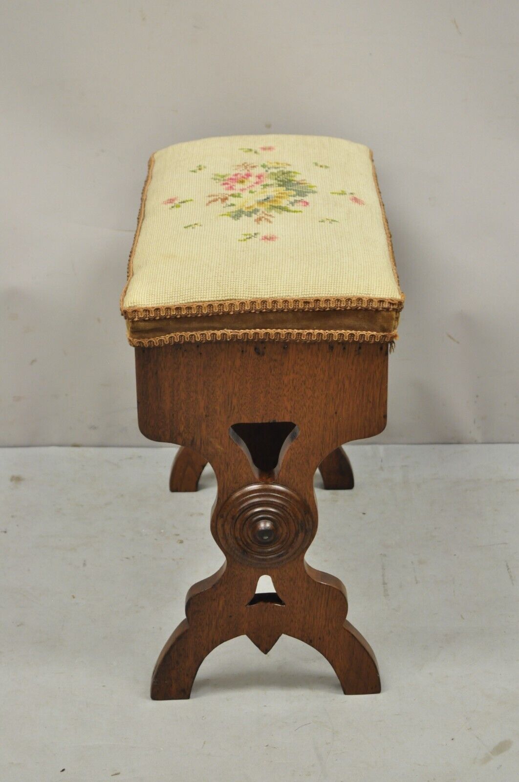 Antique Eastlake Victorian Carved Walnut Stool Bench with Needlepoint Seat