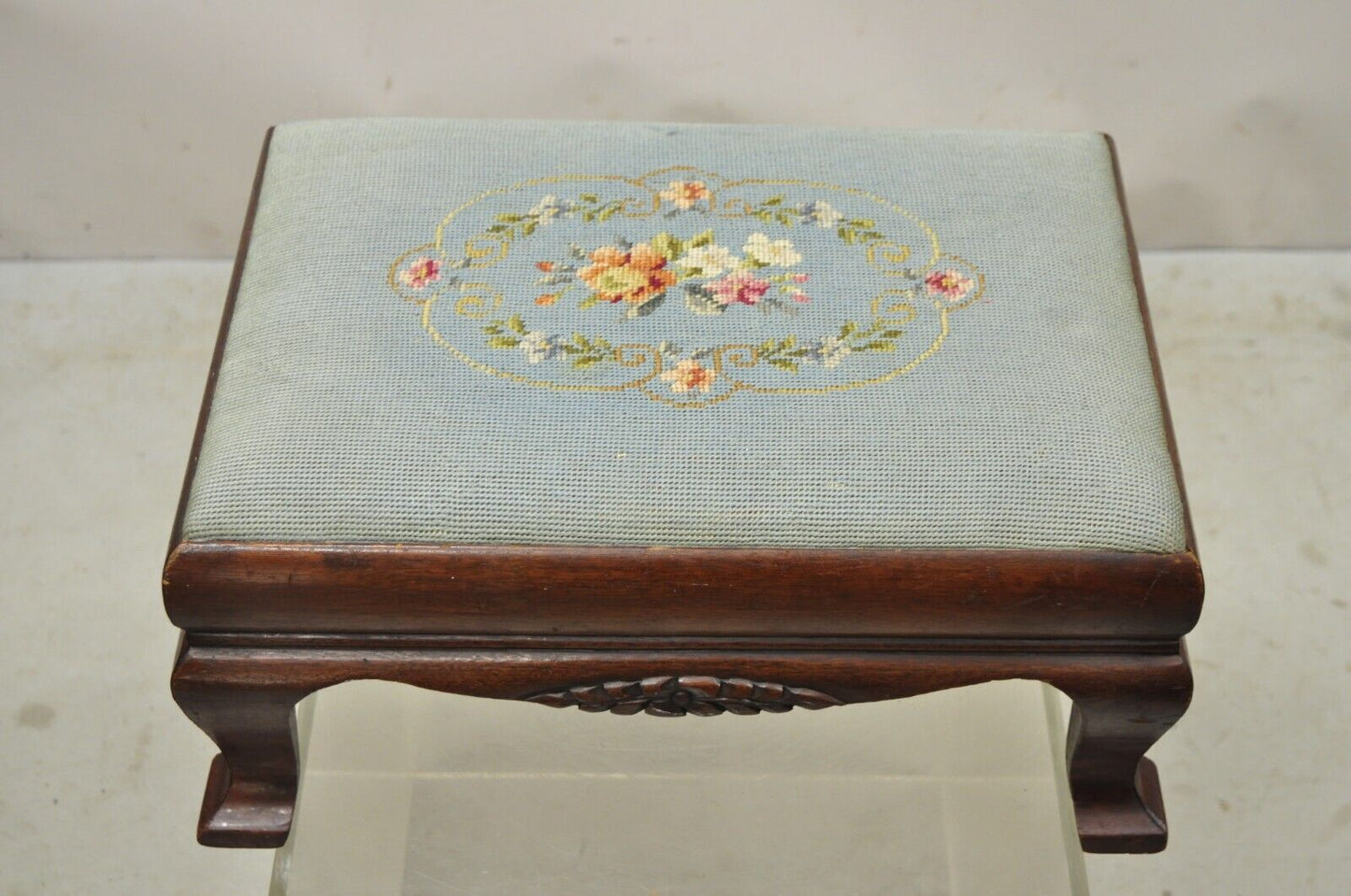 Antique Victorian Mahogany Blue Floral Needlepoint Footstool Ottoman