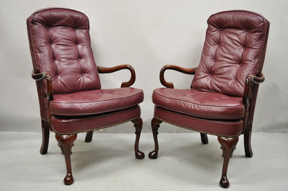 St Timothy Chair Co Burgundy Leather Queen Anne Library Office Arm Chairs - Pair