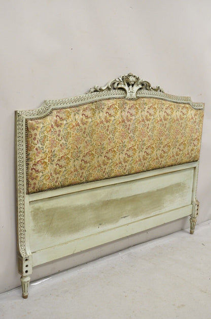 Antique French Louis XVI Style Distressed Green Queen Upholstered Bed Headboard