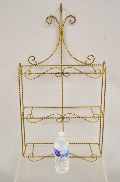 Vintage Gold Gilt Metal Hollywood Regency Scrolling Iron 3 Tier Small Wall Shelf