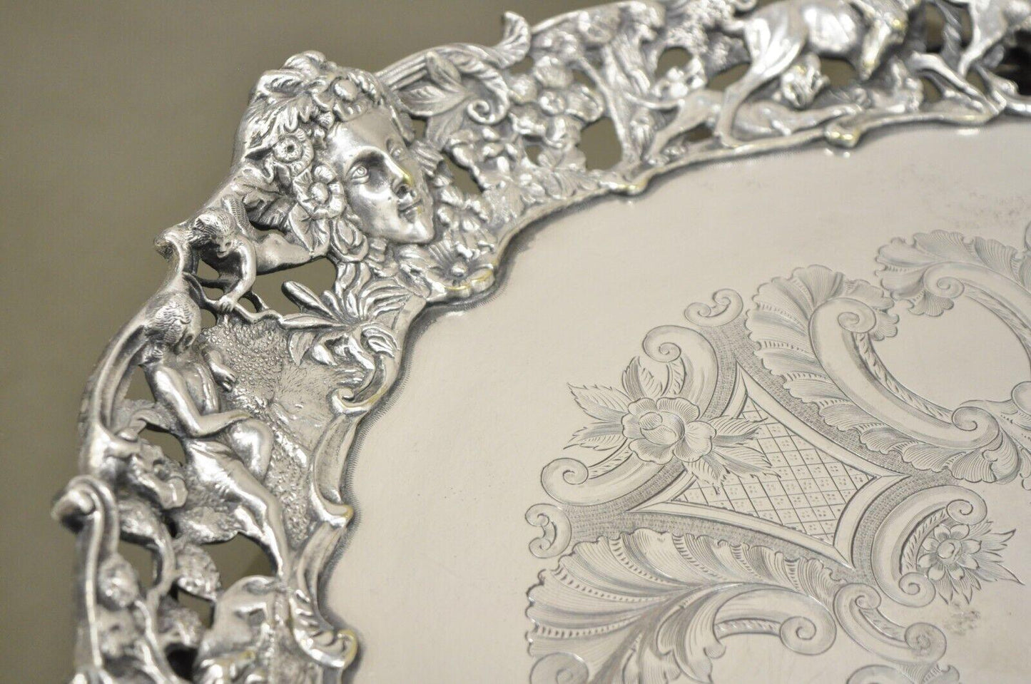 French Renaissance Bacchanal Scene Silver Plated Bacchus Figural Salver Tray