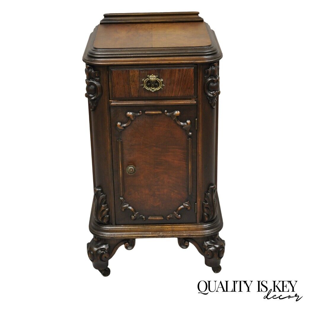 Antique Carved Walnut Renaissance Revival Depression Nightstand Bedside Table