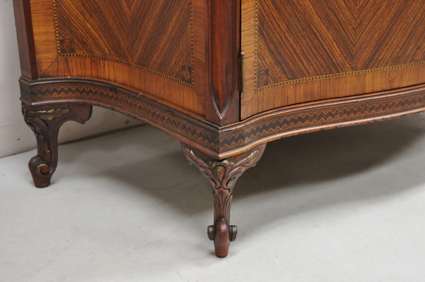 French Louis XV Style Rouge Marble Top Demilune Commode Cabinet with 5 Drawers