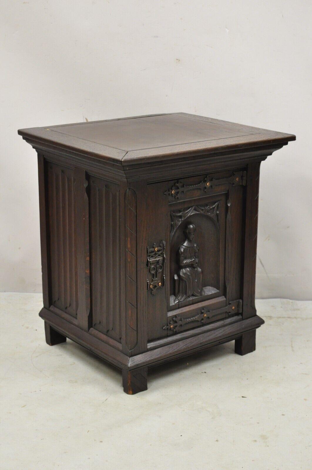 Antique Gothic Renaissance Revival Oak Wood Figural Carved Low Cabinet