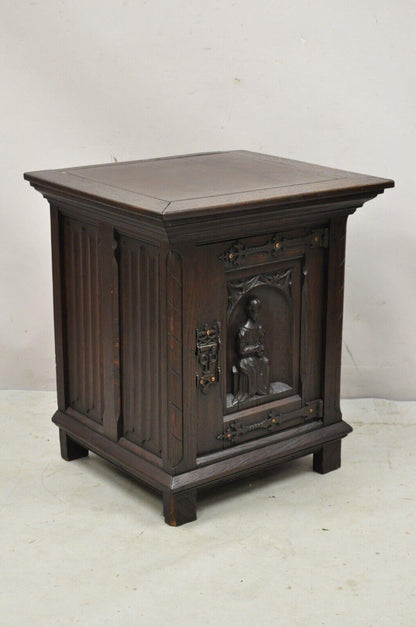 Antique Gothic Renaissance Revival Oak Wood Figural Carved Low Cabinet