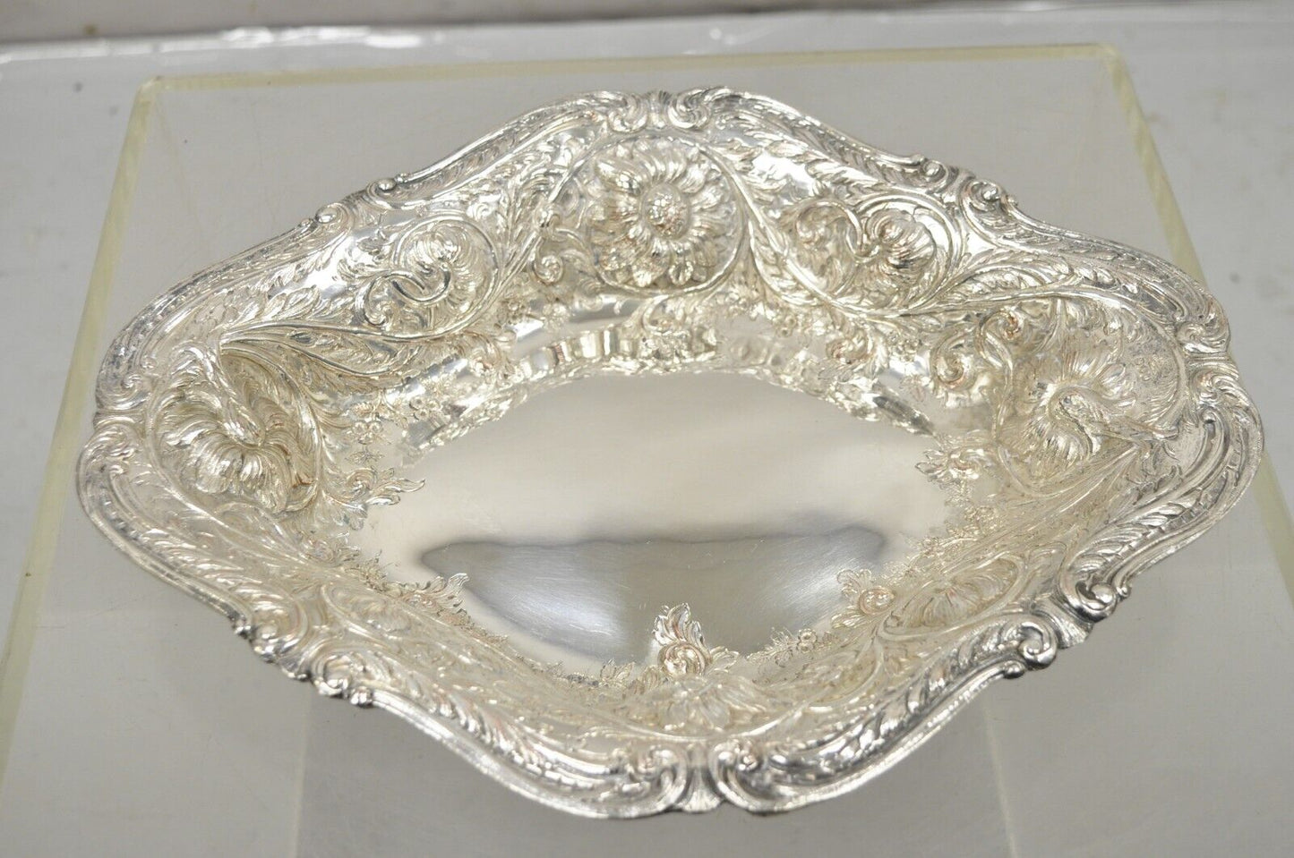 Pair M&H English Victorian Art Nouveau Silver Plate Floral Repousse Fruit Bowls