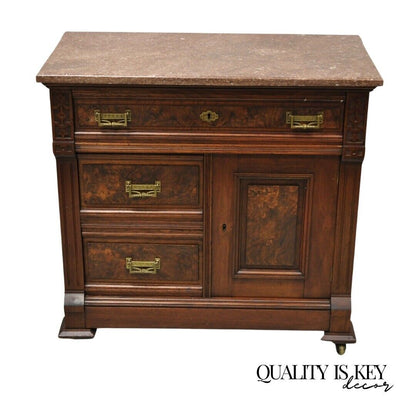 Antique Eastlake Victorian Burlwood Walnut Marble Top Washstand Nightstand Commo