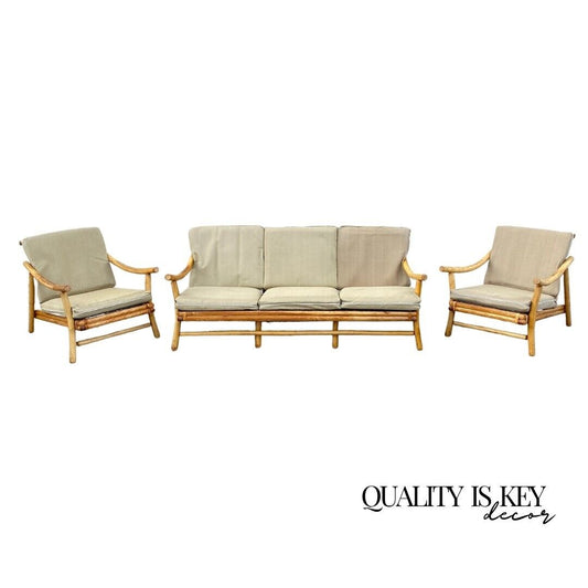 Vintage Ficks Reed Bamboo Rattan Tiki Sofa Set with Lounge Chairs - 3 Pc Set
