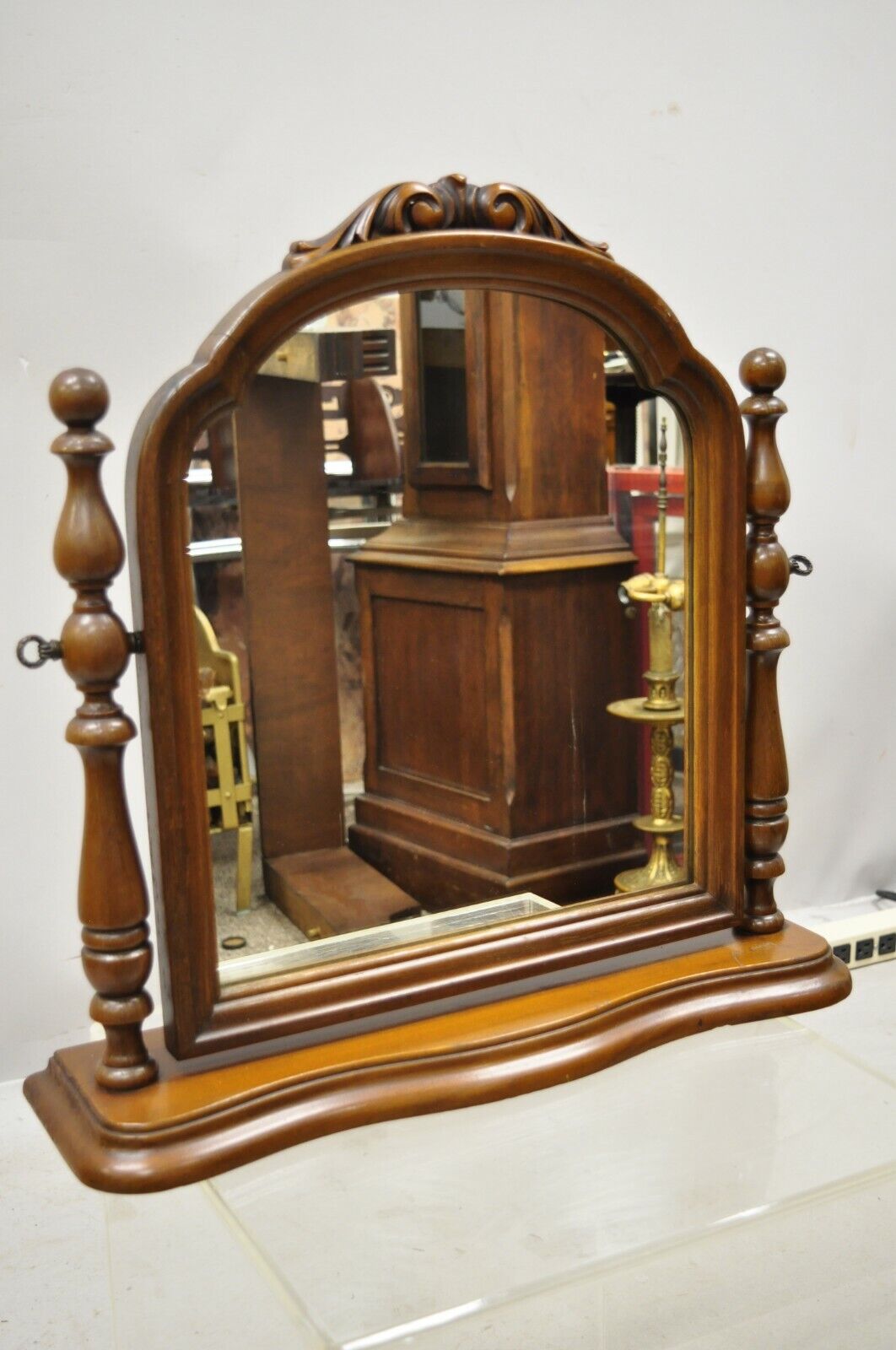 Antique American Depression Jacobean Walnut Shaving Vanity Dresser Mirror