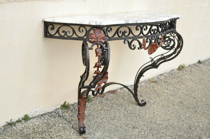 Antique French Art Nouveau Marble Top Wrought Iron Wall Mount Console Hall Table