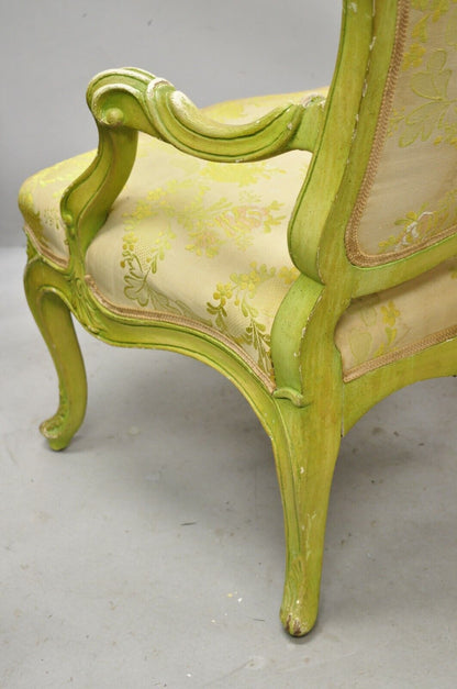 Italian Rococo Hollywood Regency Green Painted Fireside Lounge Arm Chairs - Pair