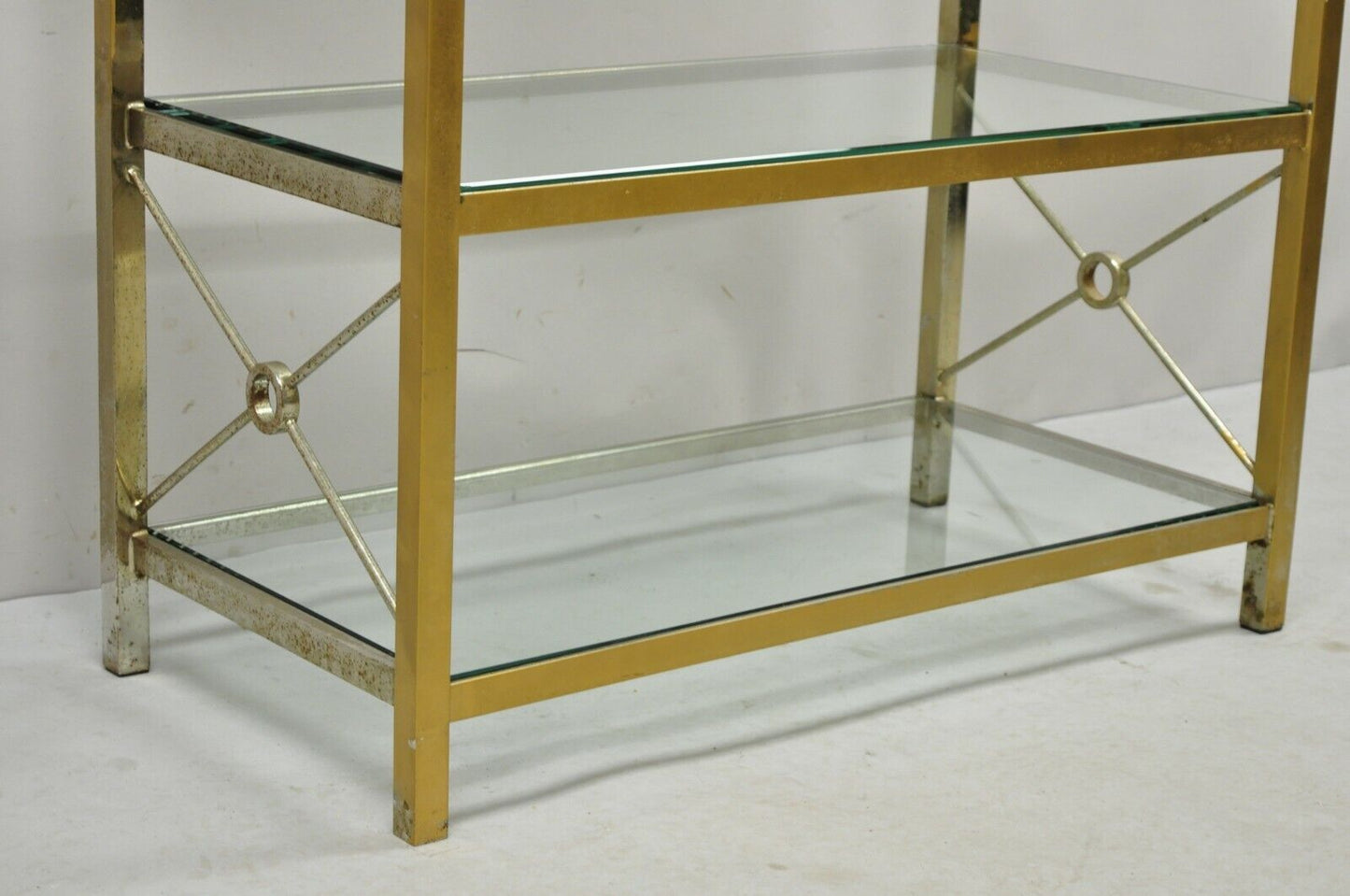 Vintage Brass Metal Gold X-Form Hollywood Regency Modern Curio Shelf Bookcase