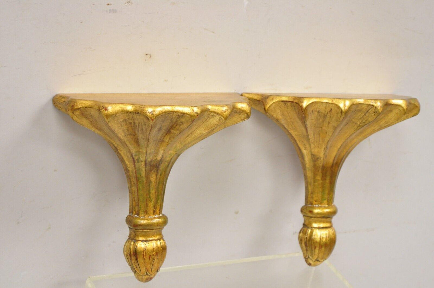 Maitland Smith Distressed Gold Gilt Fluted Fan Design Wall Shelf Bracket - Pair