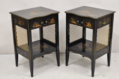 Katherine Henick Chinoiserie Chinese Black Hand Painted Nightstands - a Pair