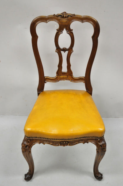 French Louis XV Carved Walnut Cabriole Leg Leather Upholstered Accent Side Chair