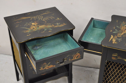 Katherine Henick Chinoiserie Chinese Black Hand Painted Nightstands - a Pair